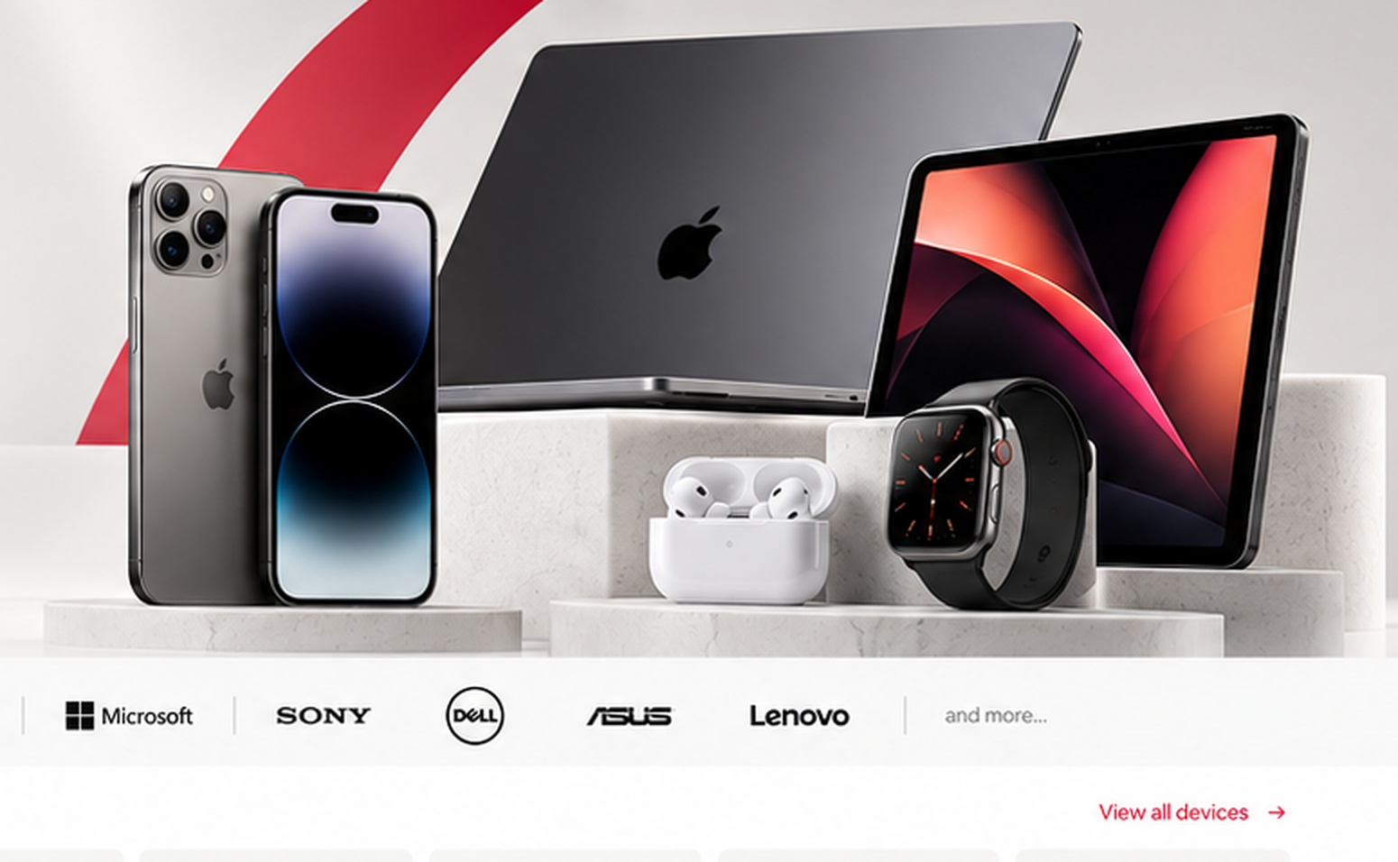 Phones, laptop, tablet, watch and earbuds